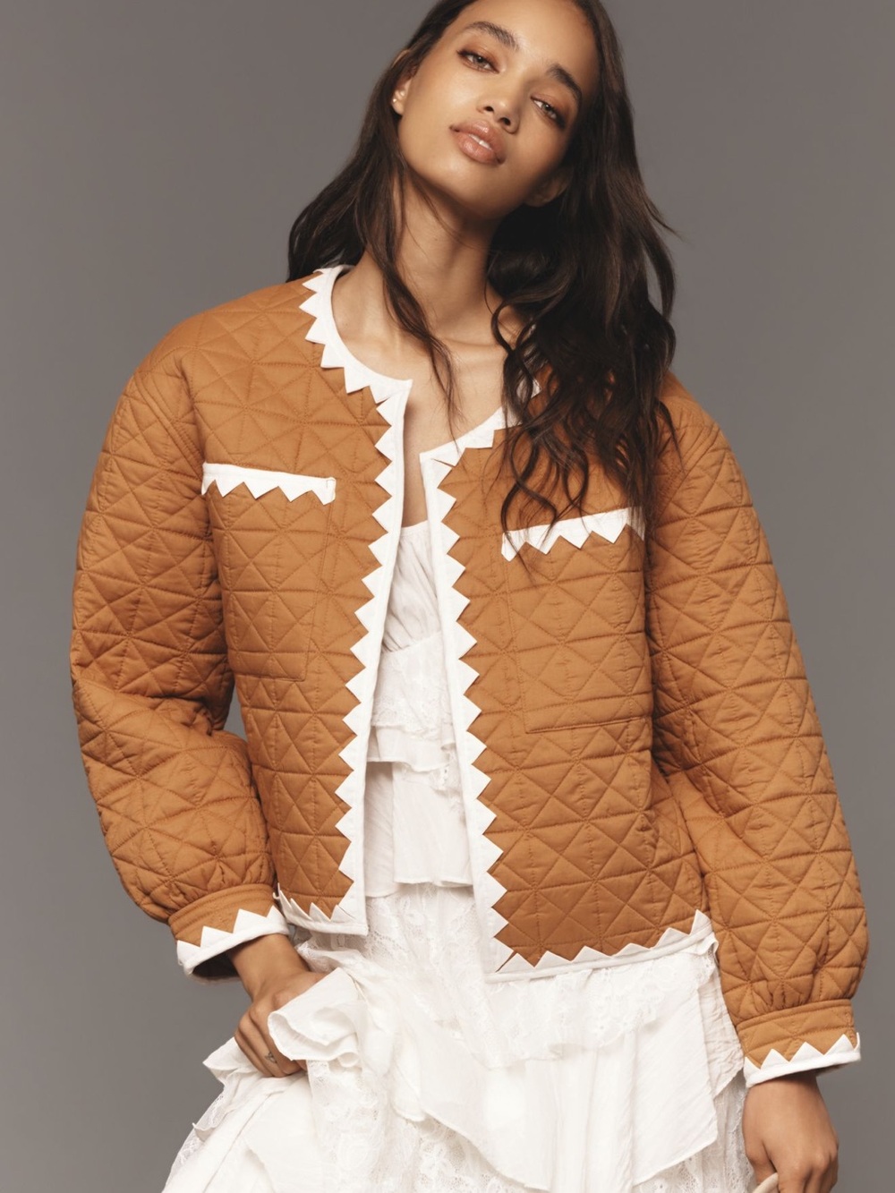 NWT Anthropologie Zigzag-Trim Quilted Jacket Size M/L Brown With Ivory Trim